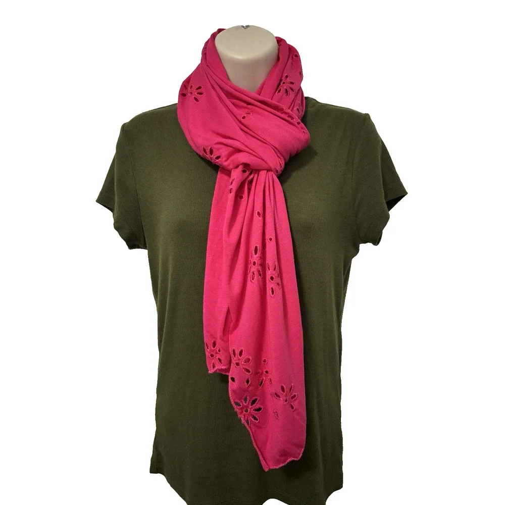 Women's Hot Pink Barbiecore Eyelet Jersey Knit Scarf Vibrant Colorful BOHO‎ Y2K